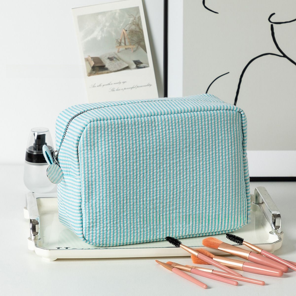 Embroidered Seersucker Cosmetic Bag