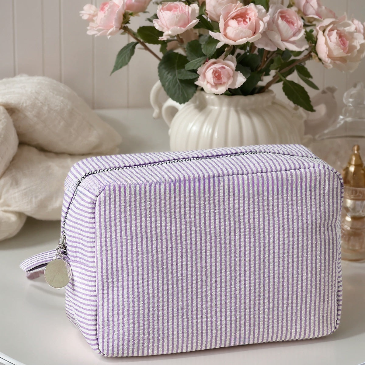 Embroidered Seersucker Cosmetic Bag