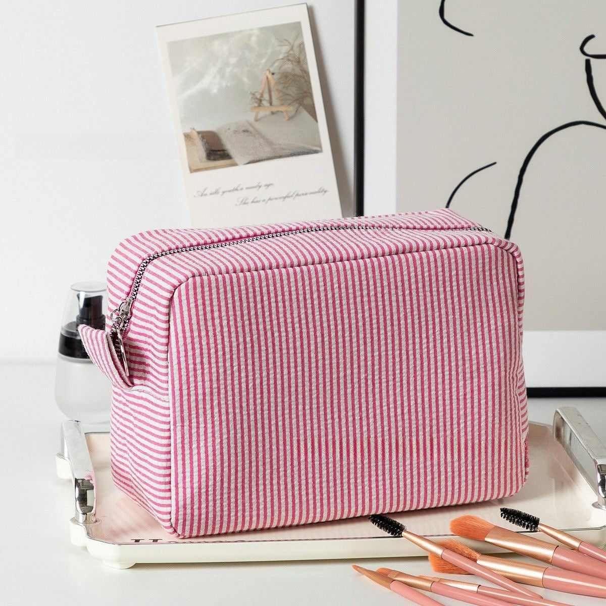 Embroidered Seersucker Cosmetic Bag