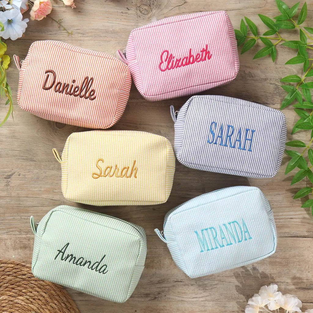 Embroidered Seersucker Cosmetic Bag