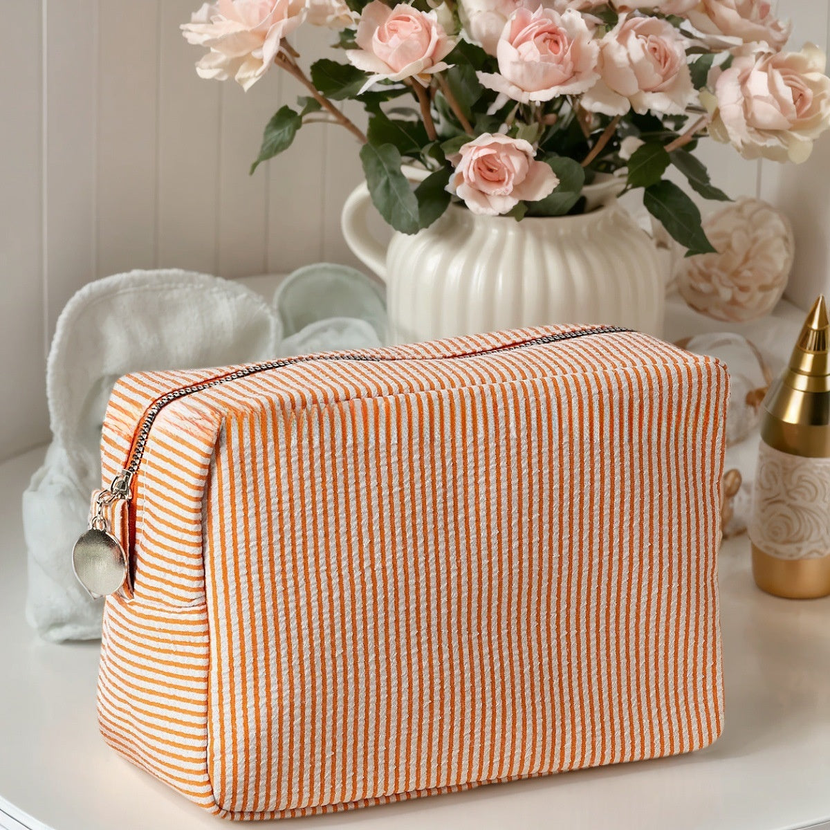 Embroidered Seersucker Cosmetic Bag