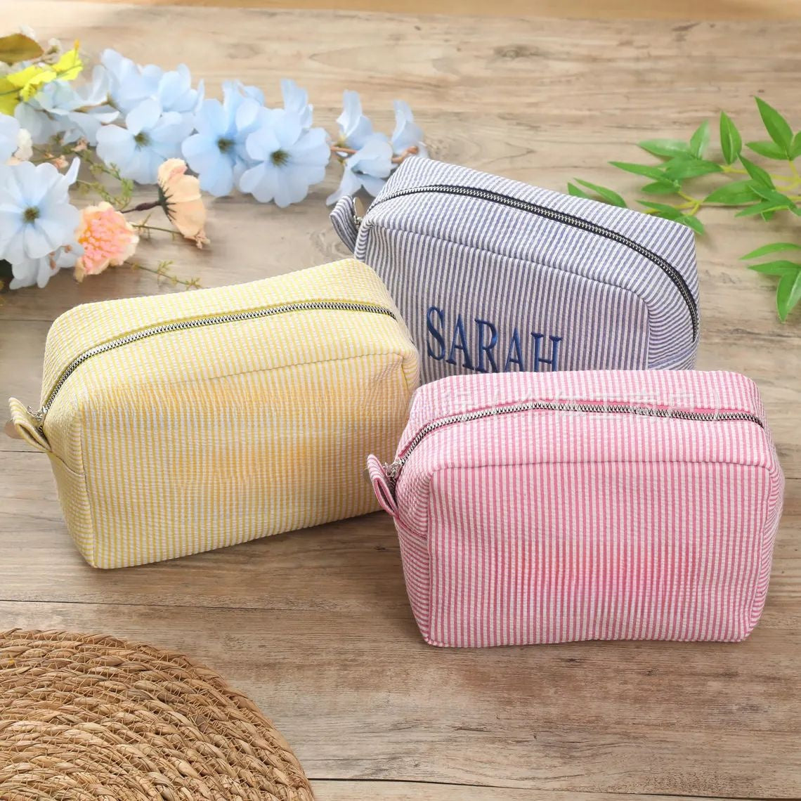 Embroidered Seersucker Cosmetic Bag