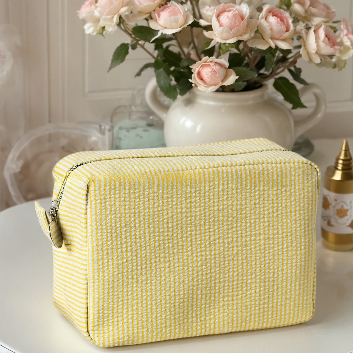 Embroidered Seersucker Cosmetic Bag