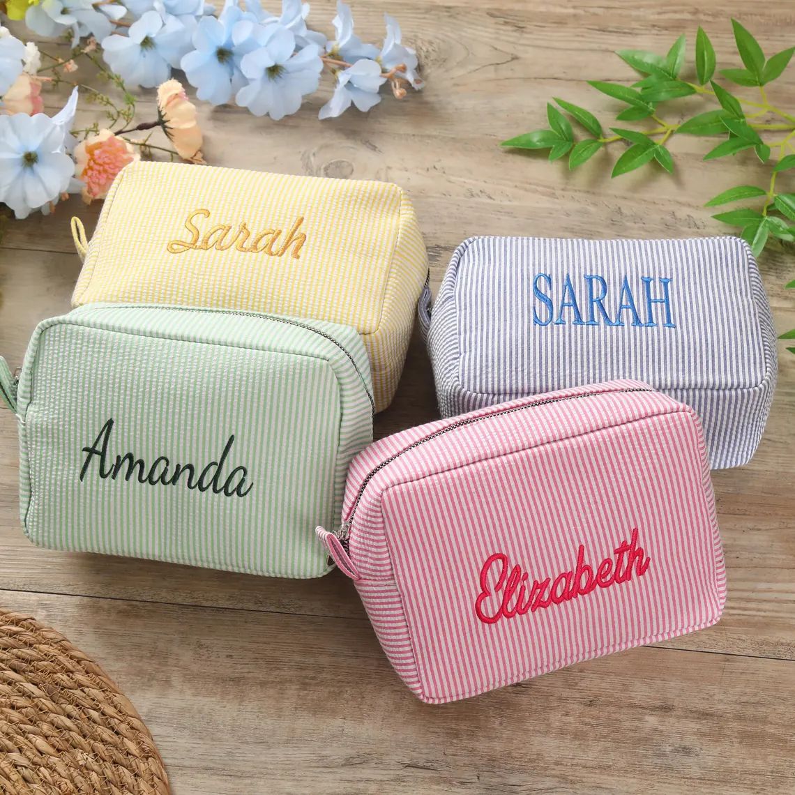 Embroidered Seersucker Cosmetic Bag