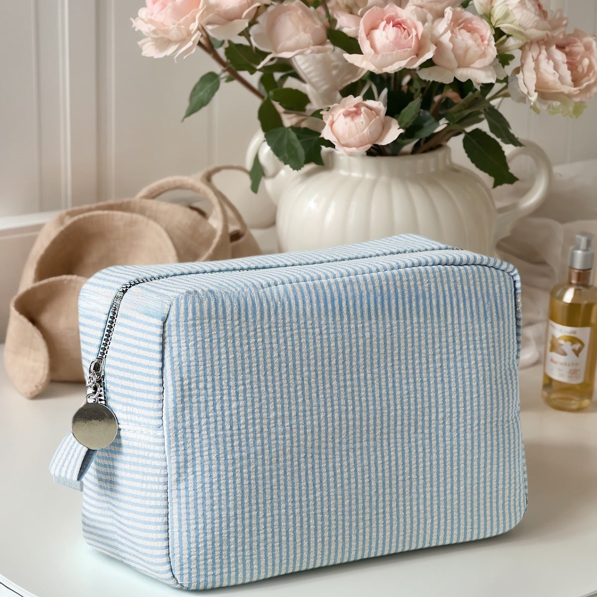 Embroidered Seersucker Cosmetic Bag