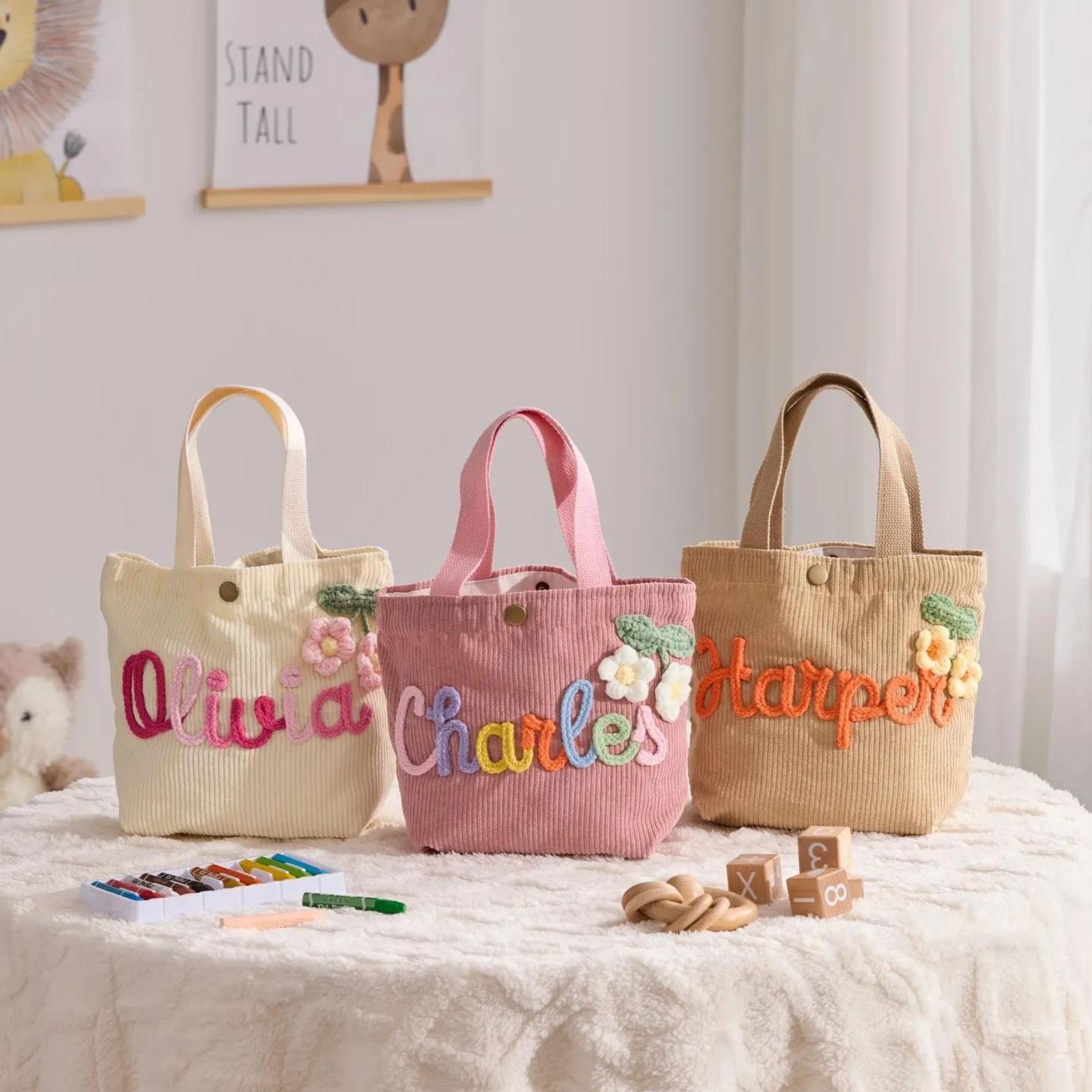 Embroidered Canvas Tote Bag with Double Shoulder Straps