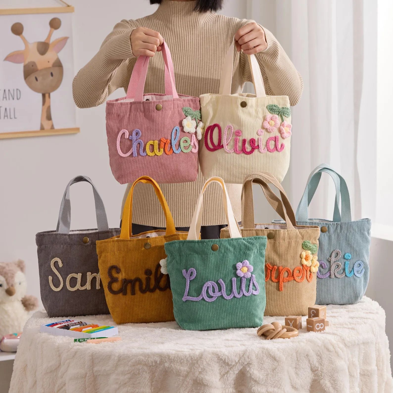 Embroidered Canvas Tote Bag with Double Shoulder Straps