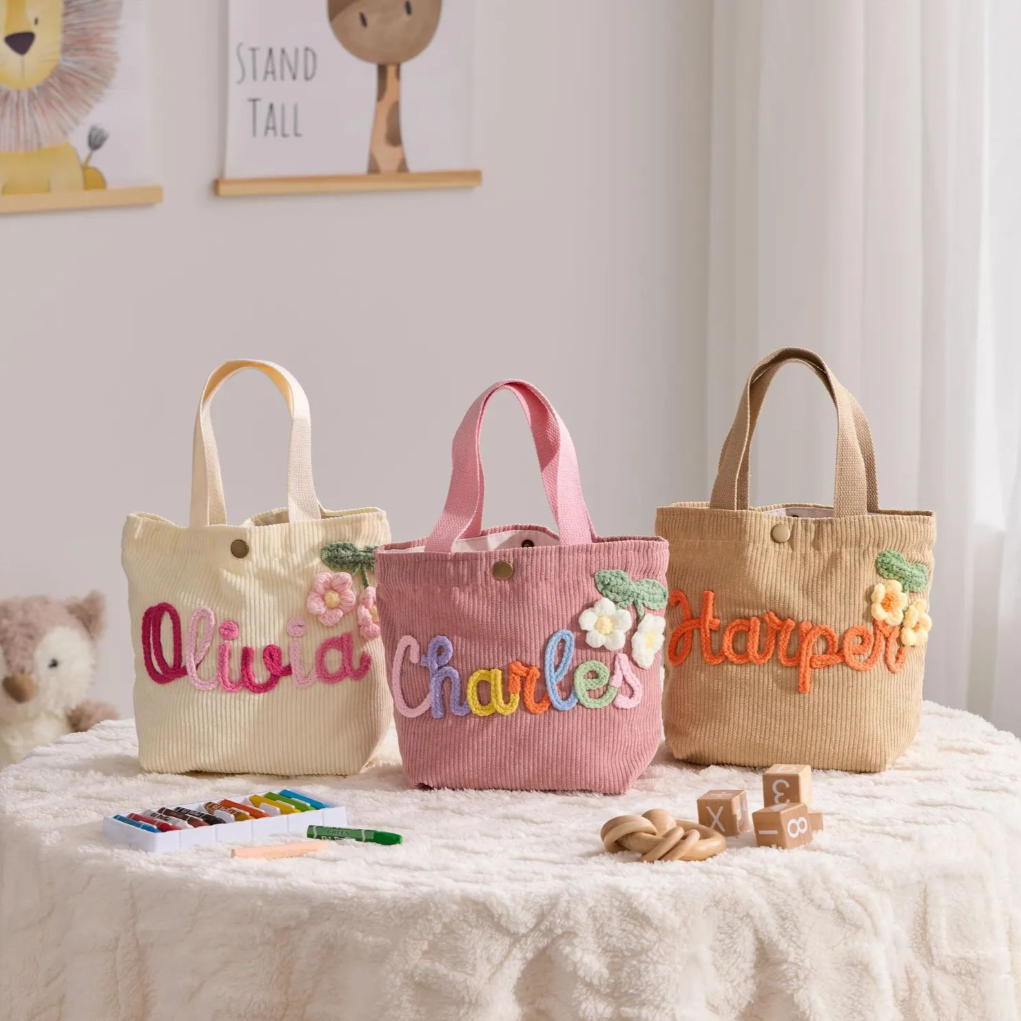 Embroidered Canvas Tote Bag with Double Shoulder Straps