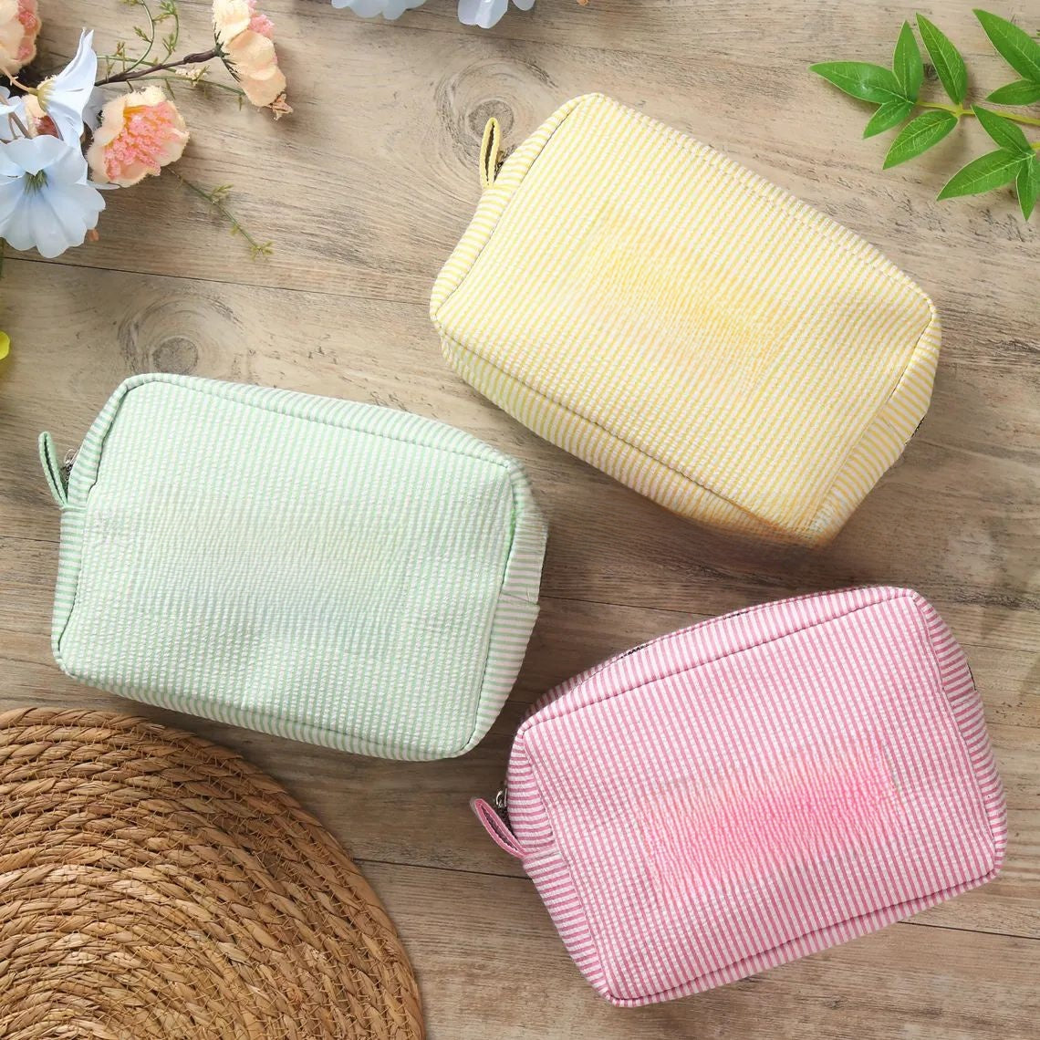 Embroidered Seersucker Cosmetic Bag