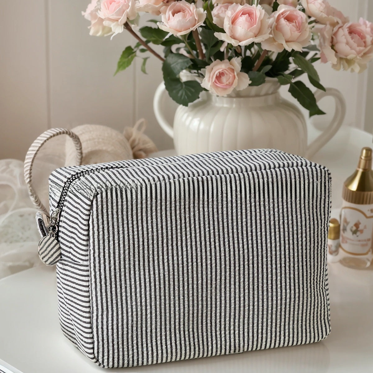 Embroidered Seersucker Cosmetic Bag