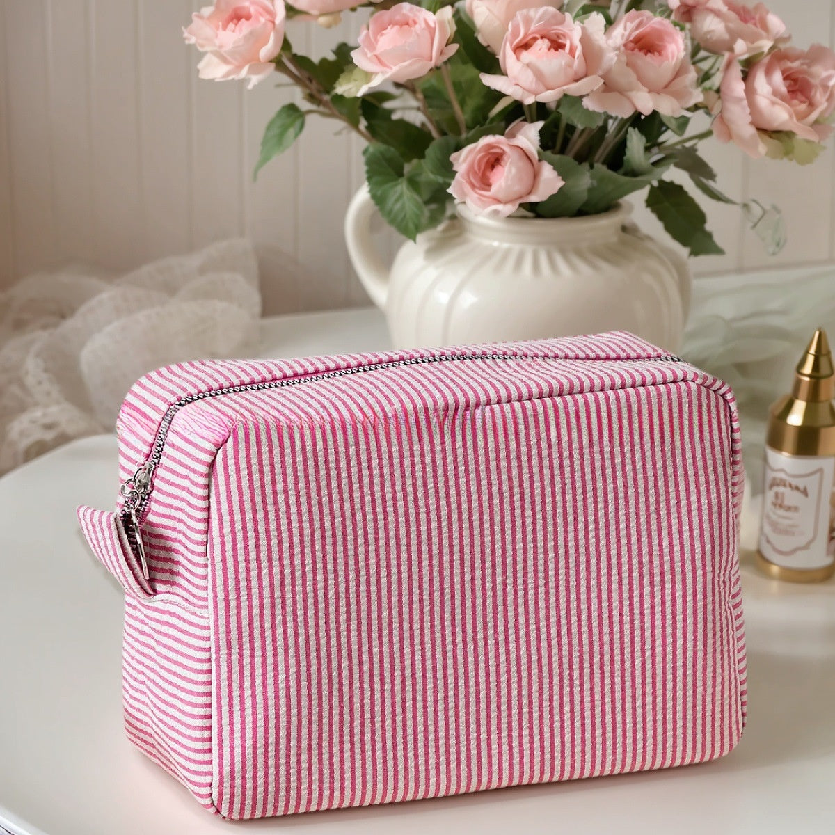 Embroidered Seersucker Cosmetic Bag