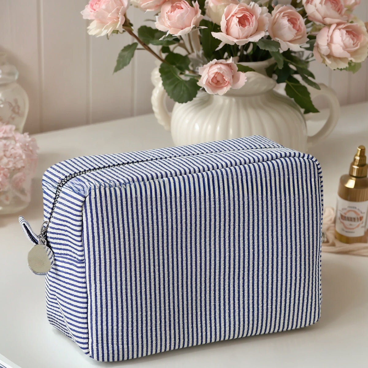 Embroidered Seersucker Cosmetic Bag