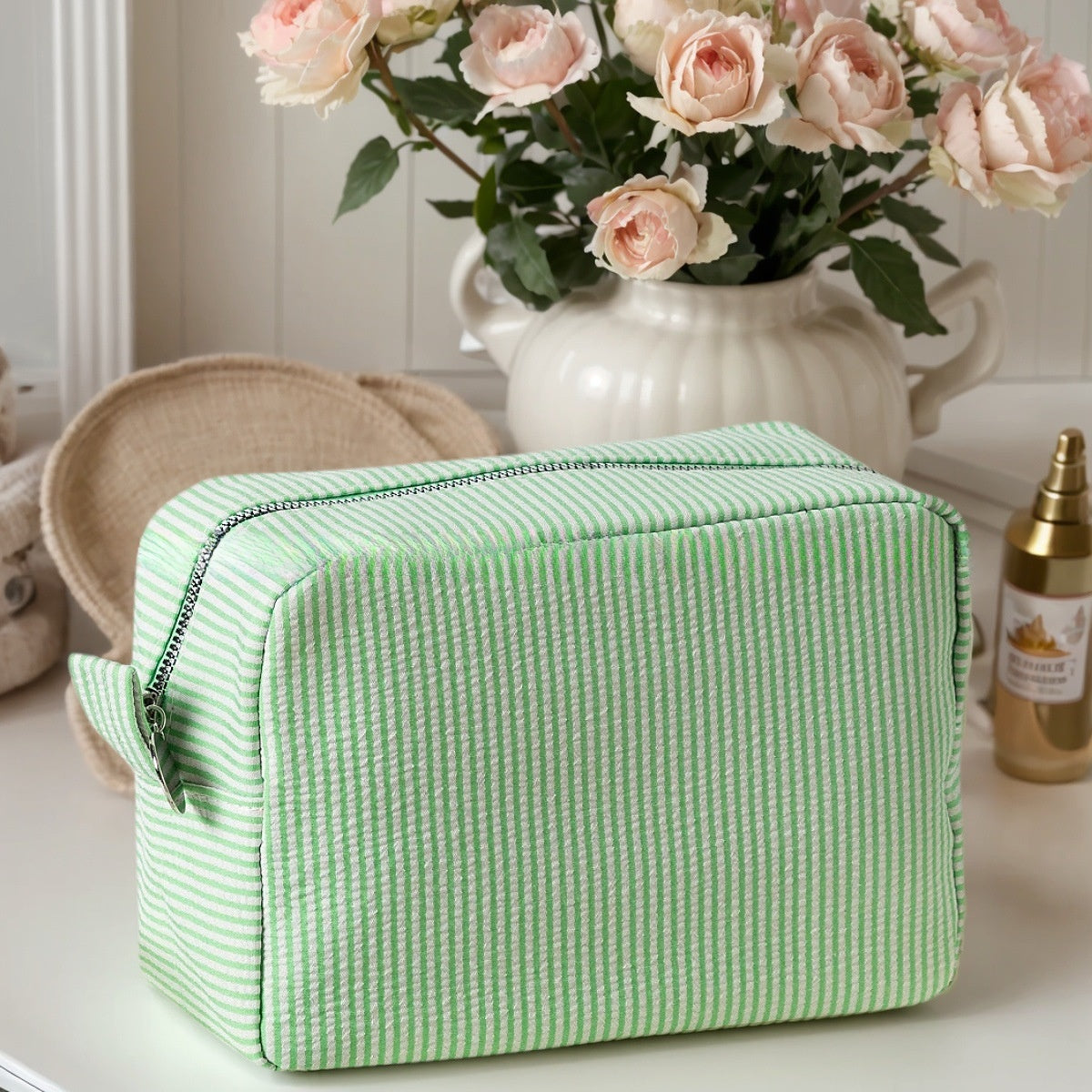 Embroidered Seersucker Cosmetic Bag